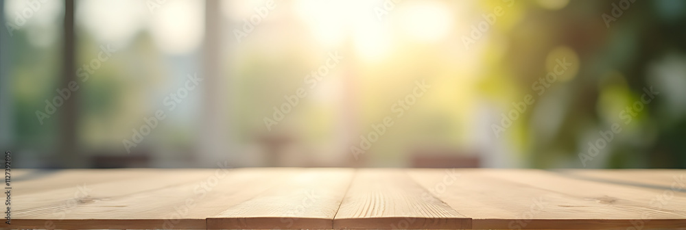 Aufkleber A minimalist design featuring an empty wooden tabletop against a blurred, abstract bokeh effect background with subtle texture nuances._00001_