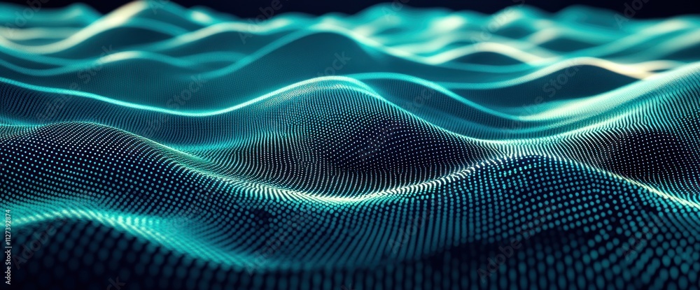 Poster Abstract representation of flowing waves with a digital texture and glowing effect.