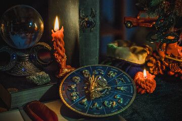 Rite with a burning candle, night mystery atmosphere, Christmas eve, Yule or another day