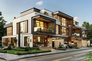 Fototapeta premium Modern luxury residential building with contemporary architecture, featuring stylish balconies, lush landscaping, and elegant design