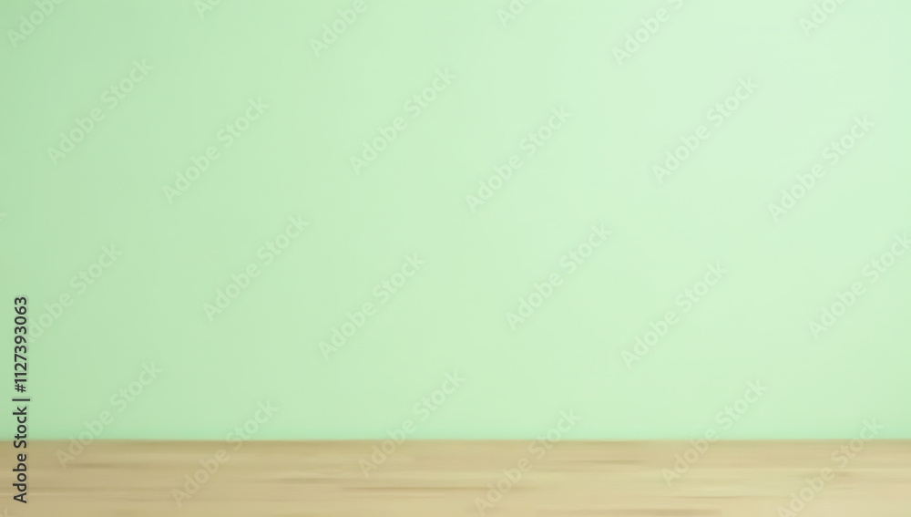 Poster a minimalist design features a table with an empty wooden surface sitting atop a pale green pastel c