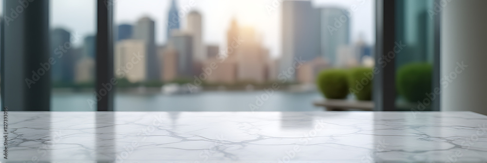 Poster A marble table top with selective focus stands out against a blurred abstract cityscape in the background._00003_