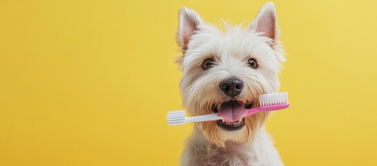 A playful dog holding a toothbrush, promoting pet dental hygiene.