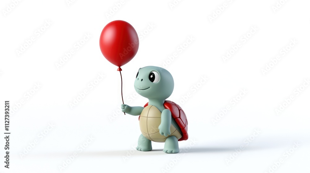 Poster a cute turtle character holding a red balloon, symbolizing joy and playfulness.