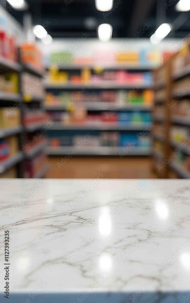 Poster A marble table top is prominently displayed with a blurred supermarket product shelf as its subtle yet striking background._00003_