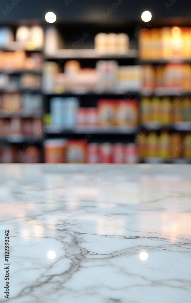 Poster A marble table top is prominently displayed with a blurred supermarket product shelf as its subtle yet striking background._00001_