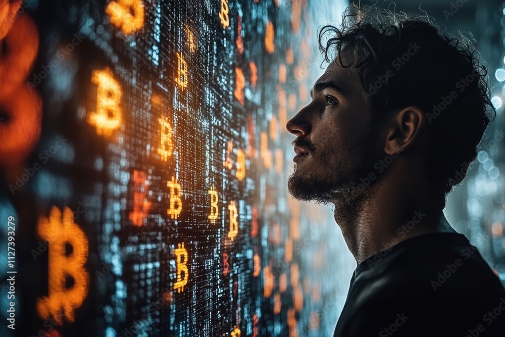 Poster symbolic depiction of a man and bitcoin tokens in a futuristic and artistic composition.