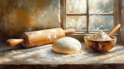 A well-worn wooden kitchen counter covered in flour, with a round ball of bread dough resting in the center. The rustic rolling pin and a wooden bowl with flour sit nearby