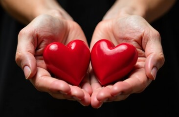 Obraz premium Two Red Hearts in Female Palms on Black Background, Valentine's Day