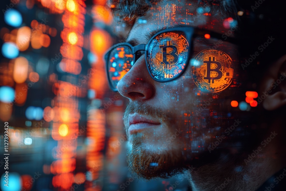 Poster symbolic depiction of a man and bitcoin tokens in a futuristic and artistic composition.