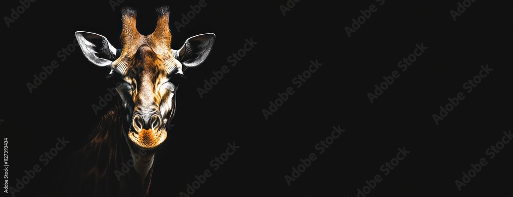 Poster a close-up of a giraffe's head against a dark background, emphasizing its features.