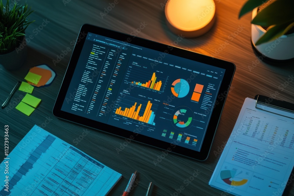 Leinwandbilder A tablet displaying data visualizations and graphs on a wooden desk with stationery.