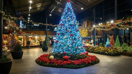 Naklejka premium Festive Holiday Decorations with Bright Christmas Tree and Lights