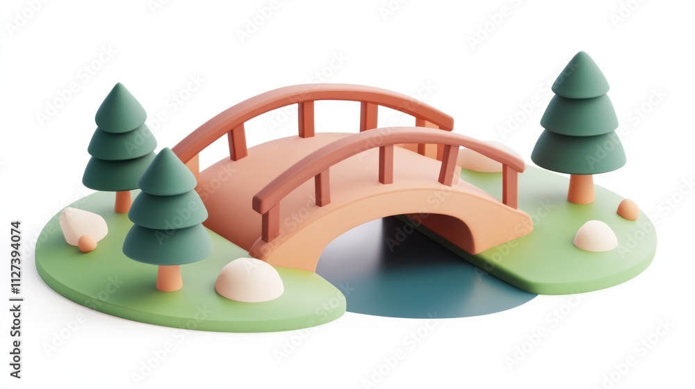 Poster A stylized bridge over a small pond surrounded by trees and rocks.
