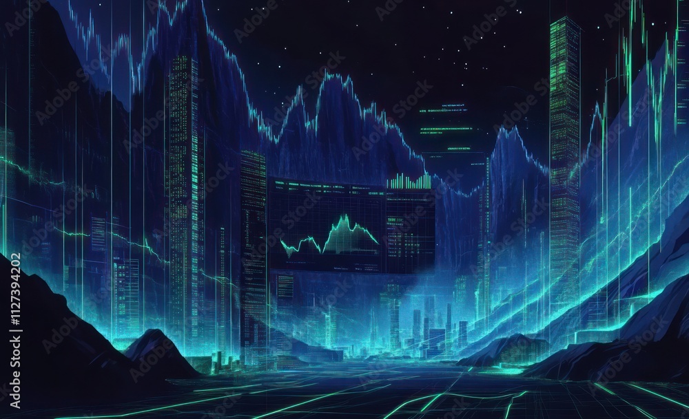 Poster a futuristic cityscape with glowing data visualizations and financial graphs.