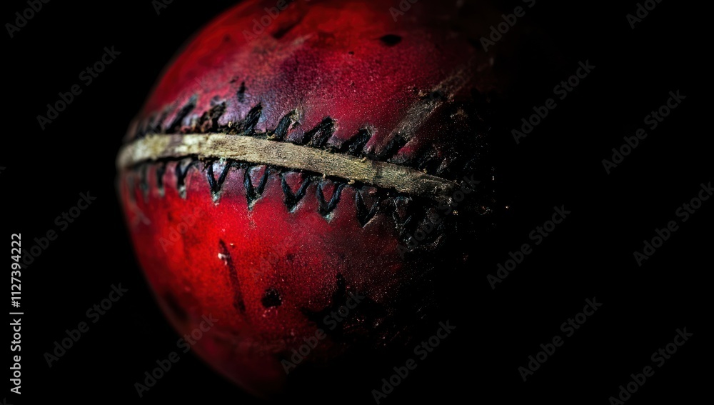 Poster a close-up of a worn red baseball, showcasing its texture and stitching against a dark background.