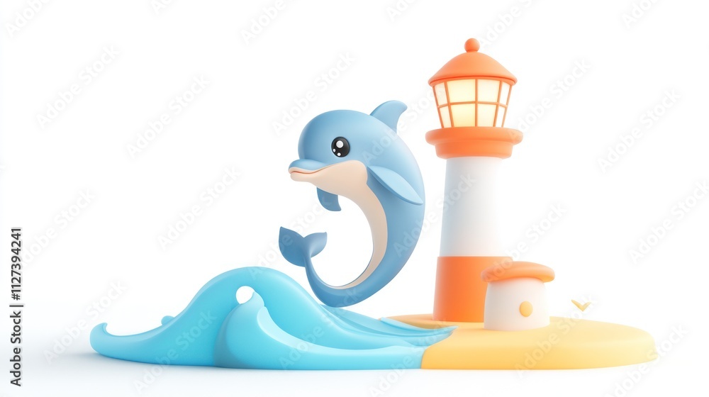Poster a cheerful dolphin jumping near a colorful lighthouse on a sandy beach with waves.