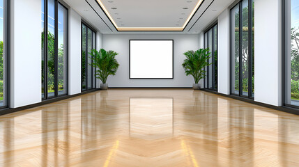 Obraz premium A spacious, modern room with large windows, polished wooden floor, and a blank projector screen, ideal for presentations or meetings.