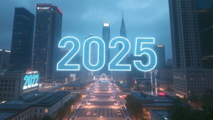 Vibrant cityscape celebrating the arrival of 2025 with a luminous display against a festive backdrop