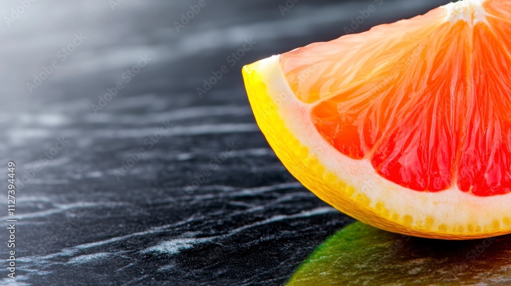 Poster vibrant orange slice resting on dark surface showcasing refreshing colors and textures