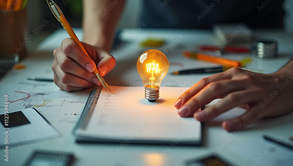 Poster A male hand holds a notepad with a light bulb on a cluttered work table surrounded by creative design elements._00001_
