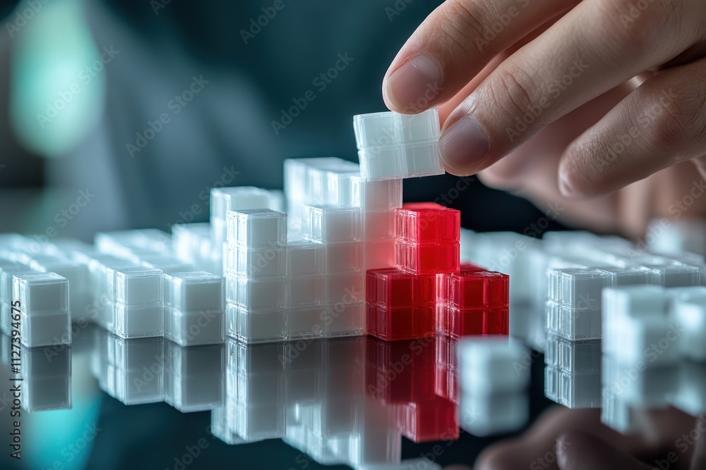 Poster a hand stacking transparent blocks in a creative arrangement.