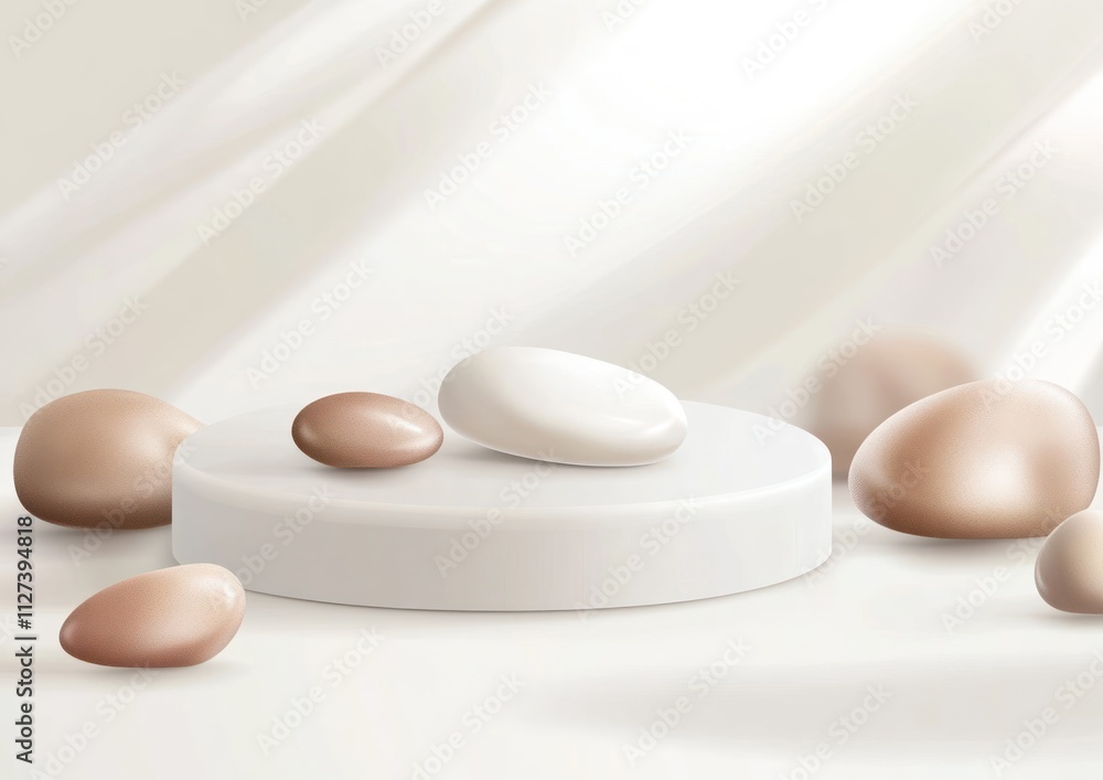 Poster a minimalist display of smooth, oval stones on a white pedestal against a soft background.