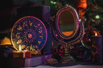 Rite with a burning candle, night mystery atmosphere, Christmas eve, Yule or another day