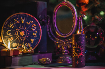 Rite with a burning candle, night mystery atmosphere, Christmas eve, Yule or another day