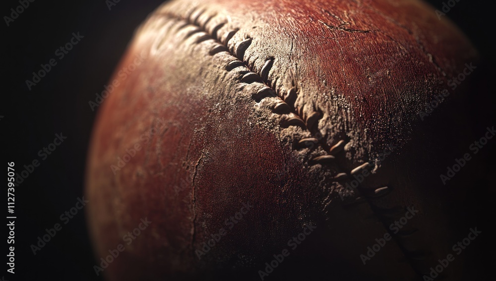 Poster a close-up of a worn baseball showcasing its texture and stitching details.