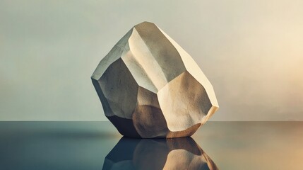 photorealistic isometric perspective of a geometric stone sculpture with soft reflections on a...