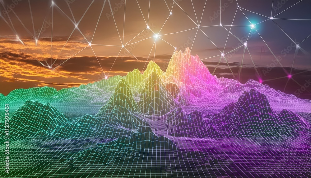 Poster multicolor glowing data over abstract digital landscape a stunning visualization of futuristic techn