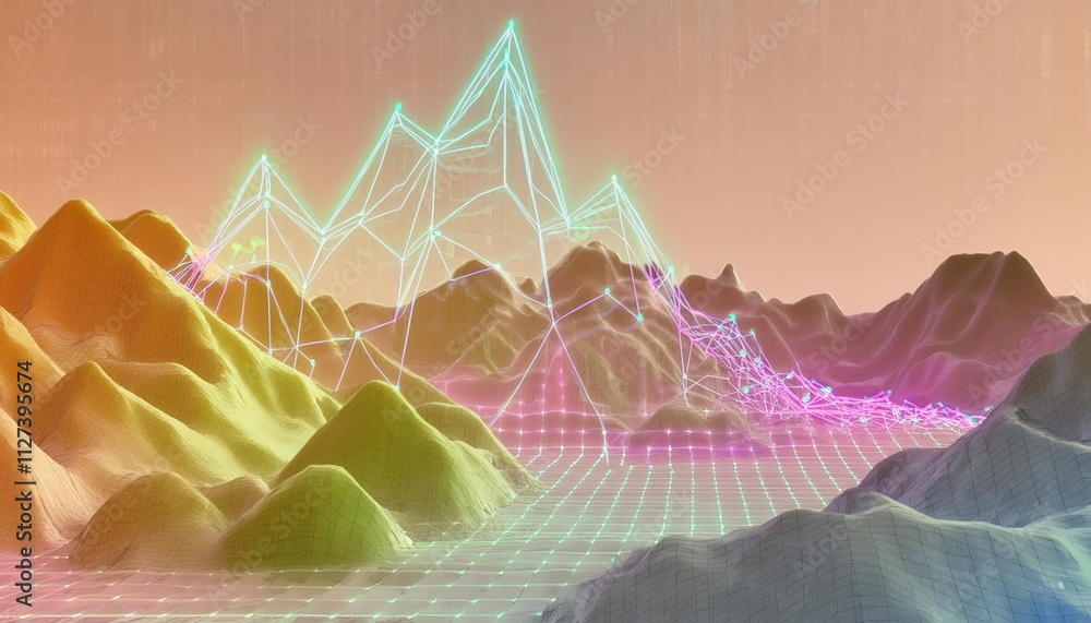 Poster multicolor glowing data over abstract digital landscape a vivid exploration of light and form in a f