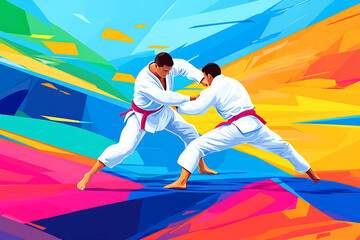 Two martial artists engage in a dynamic sparring match against a vibrant, abstract background.