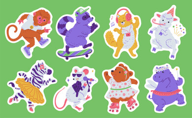 Vector illustration of dancing animals sticker set in bright colors on green isolated background.