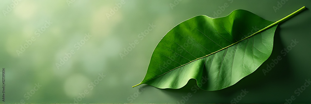 Poster a flat lay design featuring a green leaf against a natural background for a top view nature concept.