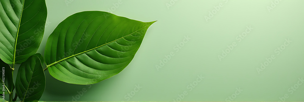 Poster a flat lay design featuring a green leaf against a natural background for a top view nature concept.