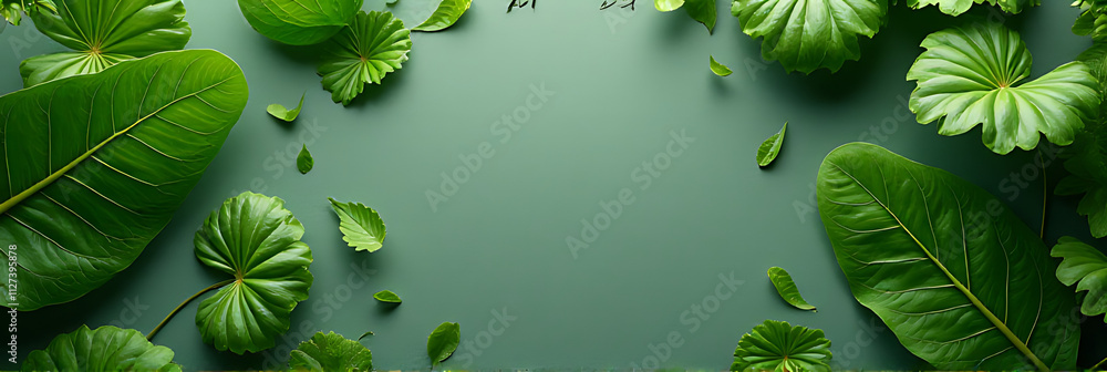 Poster a flat lay design featuring a green leaf against a natural background for a top view nature concept.