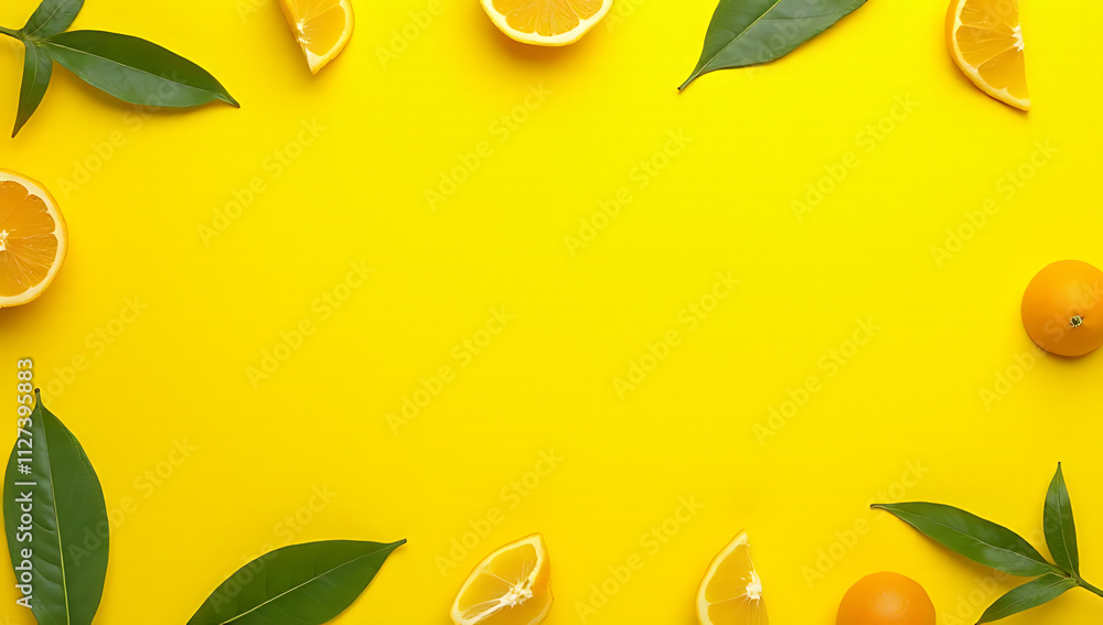 Poster A flat lay design features a top view of citrus leaves and fruits arranged in a natural pattern against a bright yellow background._00003_