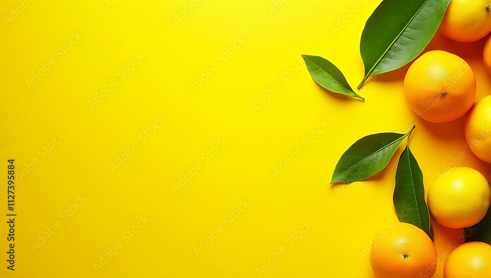 Poster A flat lay design features a top view of citrus leaves and fruits arranged in a natural pattern against a bright yellow background._00002_