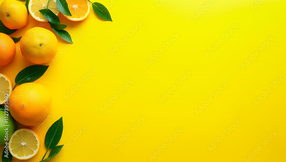 Poster a flat lay design features a top view of citrus leaves and fruits arranged in a natural pattern agai