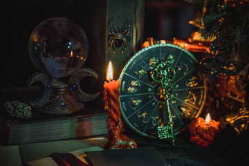 Rite with a burning candle, night mystery atmosphere, Christmas eve, Yule or another day