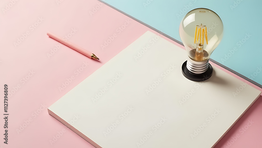 Aufkleber A creative brainstorming session is set up with a lightbulb and notepad on a soft pastel colored background nearby._00001_