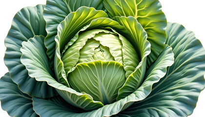 Obraz premium Fresh green cabbage head with intricate leaves and healthy texture on white background