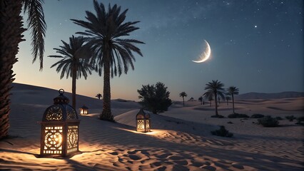 A moonlit desert with a glowing crescent moon and stars, perfect for mystical and serene themes
