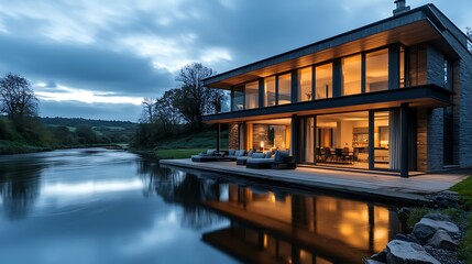Fototapeta premium Modern house with large windows, illuminated at dusk, overlooks calm river reflecting its lights.