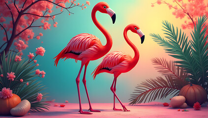Obraz premium A colorful flamingo stands out against a vibrant background, blending summer and animal themes in its unique design._00001_