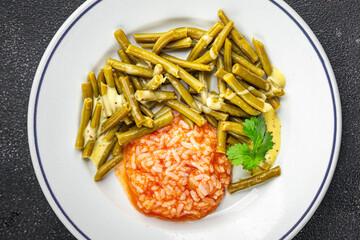 Green beans food ready to eat tasty food dish fresh delicious gourmet food background on the table rustic top view copy space top view keto and paleo diet мegetarian and vegan food