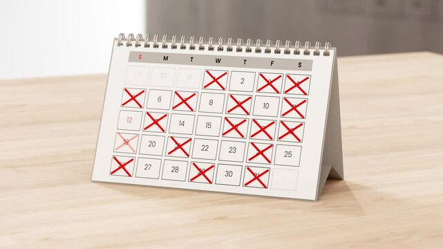 Calendar showing days being crossed off in red mark, fully or overbooked concept animation