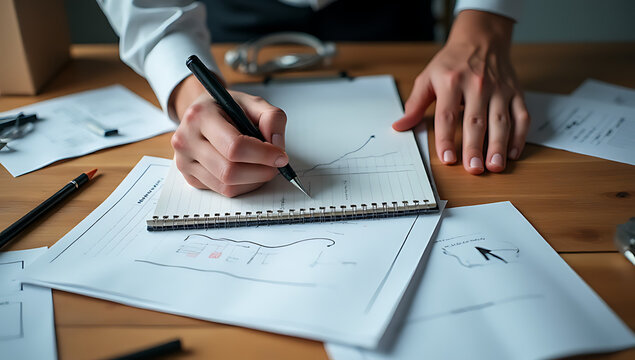 A businessman writes creative business plan concepts by hand on a notepad with various supplies scattered around him on a wooden table._00001_